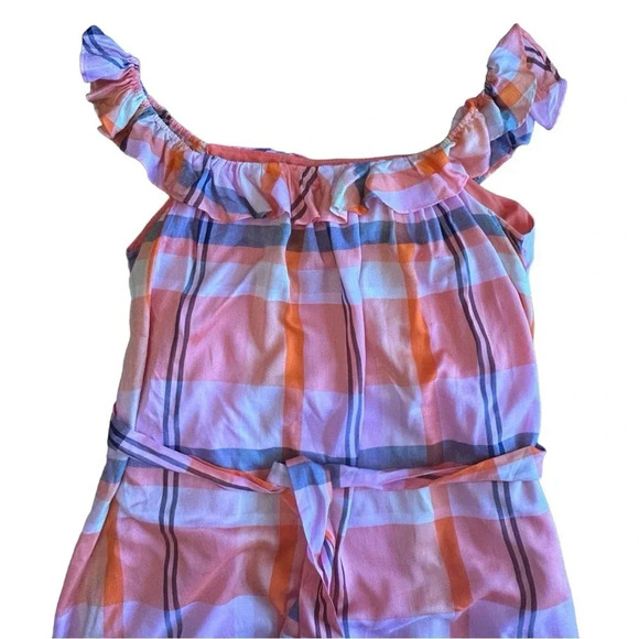 Ann Taylor Tall Madras Plaid Ruffle Square Neck Midi Dres Pink Multicolor - Picture 5 of 8